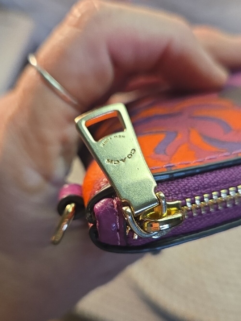 Poppy 6x4 Coach Purple Floral Zip Wristlet with Gold Logo - Picture 2 of 8
